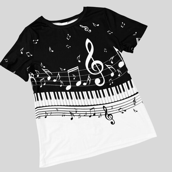 Music Note Piano Keyboard Top Size XL Black White Short Sleeve Stretch Shirt - Picture 2 of 8
